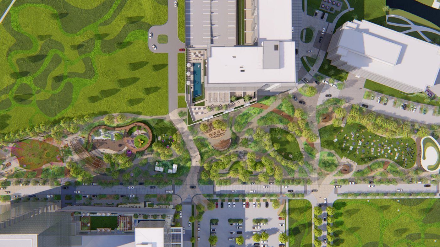 Aerial site plan of Kaleidoscope Park’s lawns, gardens and plazas